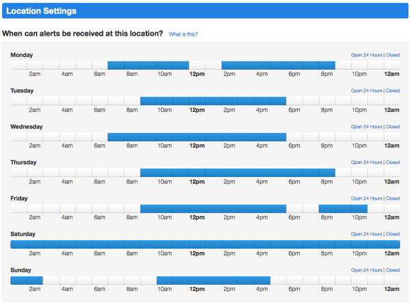 New Location Alert Hours Settings